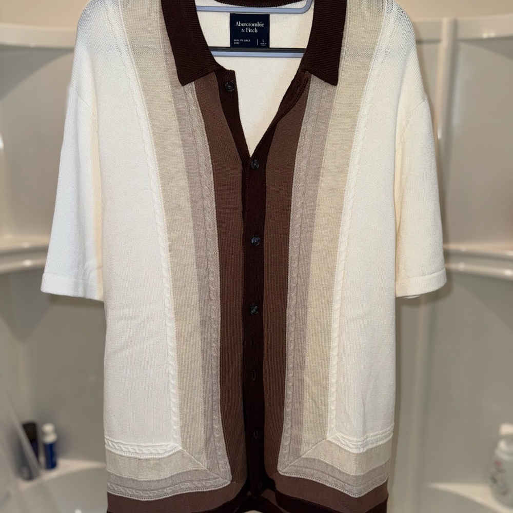 Abercrombie Cream and Brown Short Sleeve Sweater Button-Up
